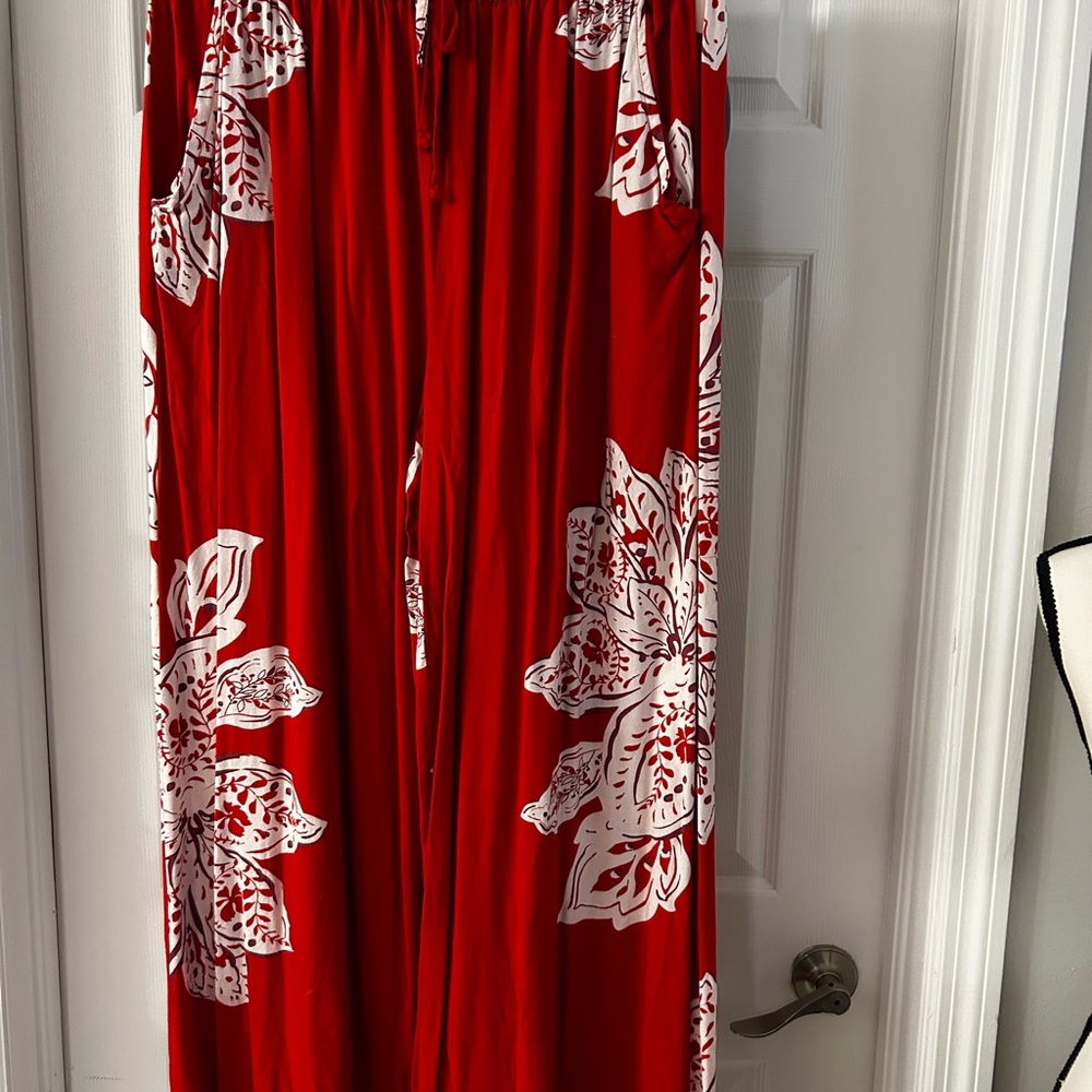 Red Floral Wide Leg Pants